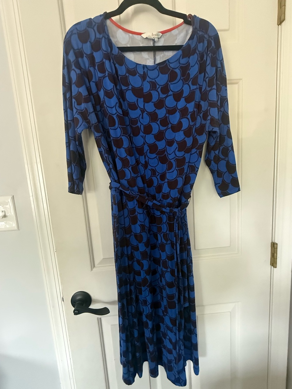 Boden Blue and Navy Geometric Midi Dress with Tie Waist